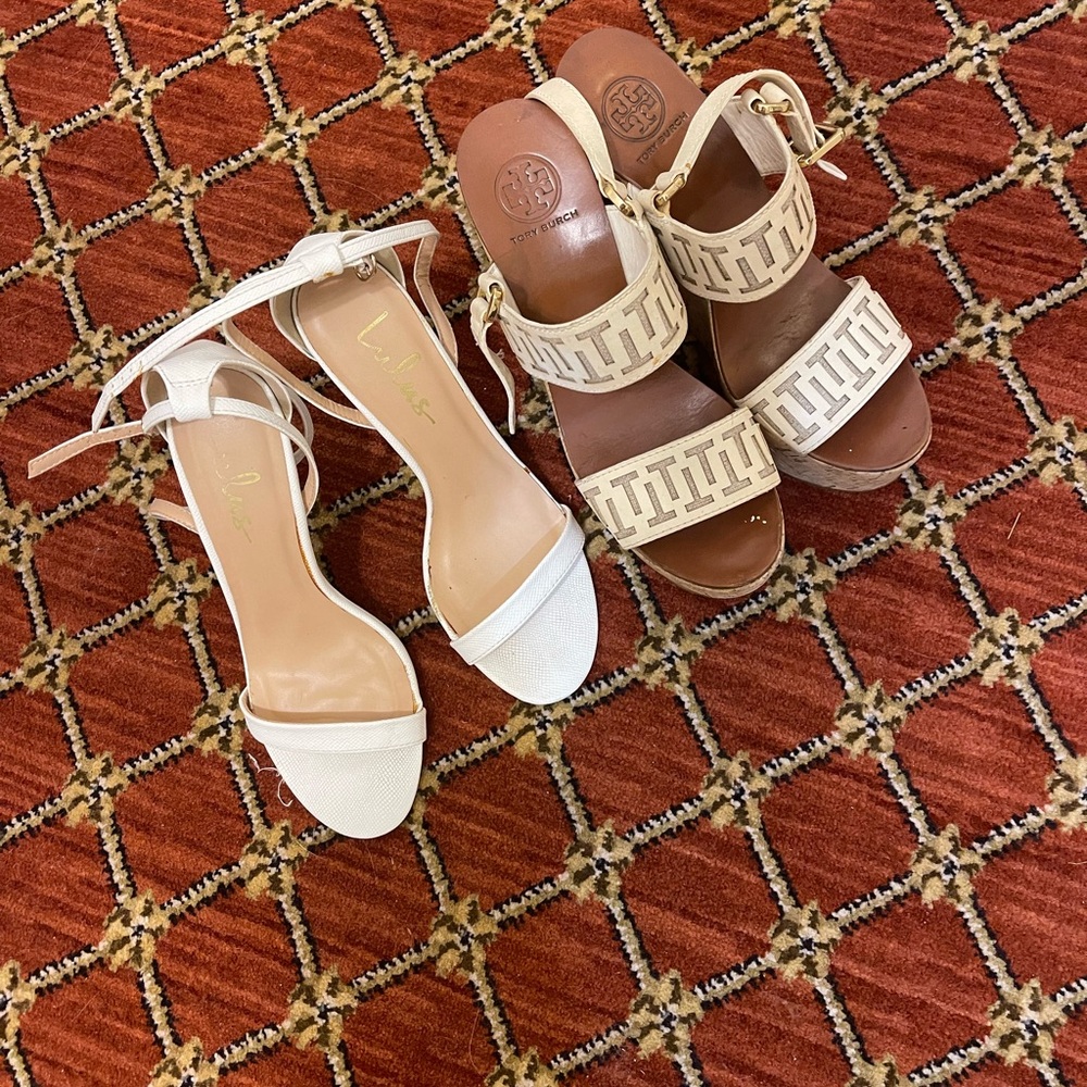 Tory Burch White and Tan Wedges